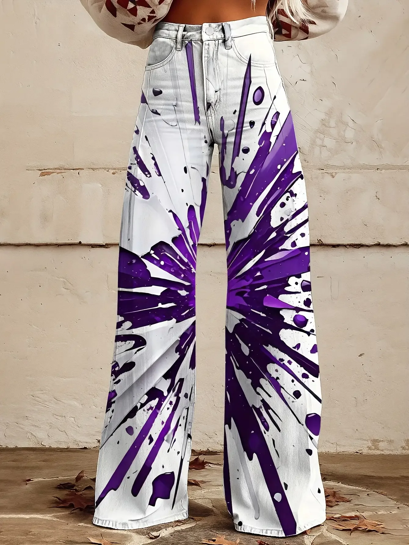 2026Women's slim fit wide leg flared pants, Ladies' retro 3D printed high waisted elastic jeans, interesting patterns