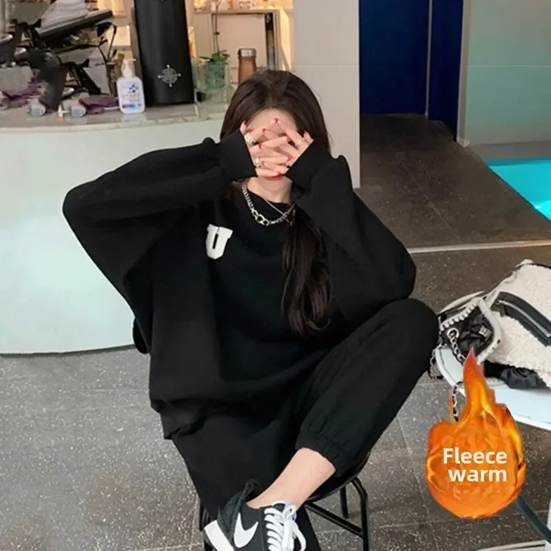 Herbst Winter Neue Lose-Fit Sweatshirt Hosen 2-Teiliges Set Fleece-Gefüttert Verdickt Casual Modische frauen Sport anzug