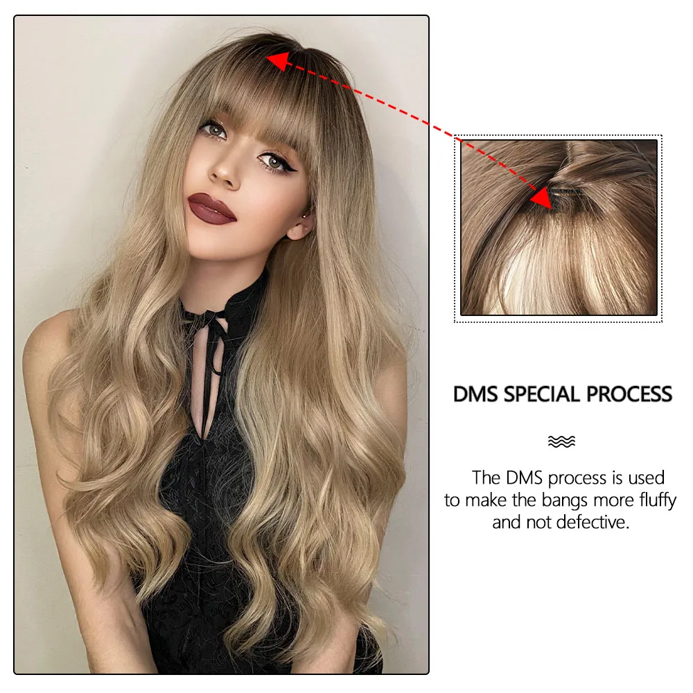 Light Blonde Hair Long Natural Wave Wig with Bangs Cosplay Lolita Party  Heat Resistant Fiber Wigs for Women Daily Fake Hair