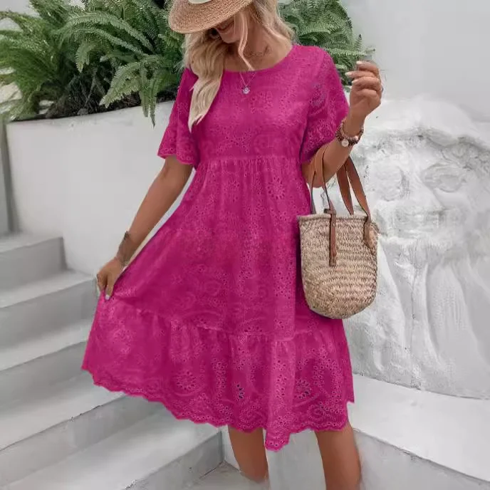 Vestido de Mujer 2024, Moda del Sudeste Asiático, Color Puro, Encaje Bordado, Calado, Casual, Cintura Media, Manga Acampanada...