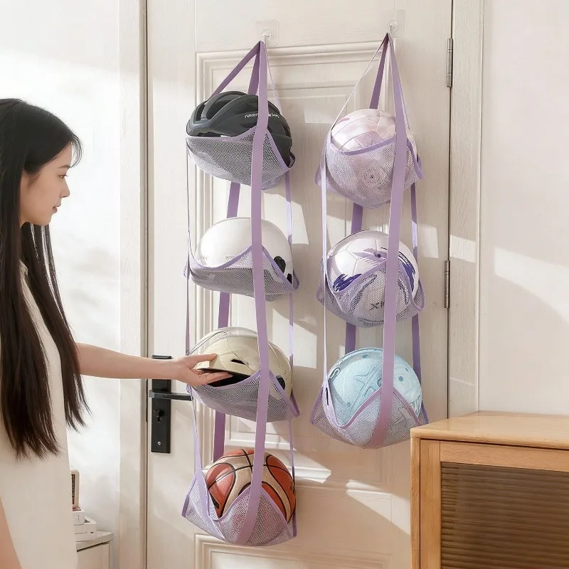 3/4 Tier Hanging Ball Storage Bag with Hooks, Mesh Sports Equipment Organizer for Basketball Football Volleyball, Over Door Wall
