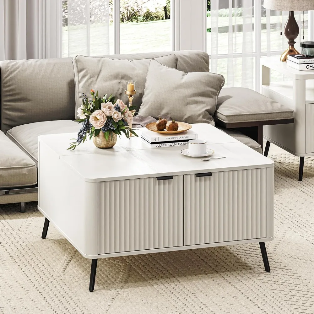 

Modern Fluted Center Table,Coffee Table, Lift Top Coffee Table for Living Room, 35.4" Square Coffee Table with Storage