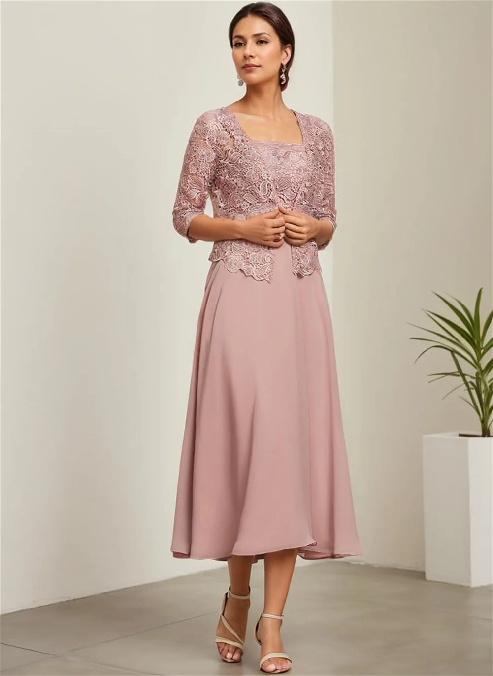 

Customized 2 Pieces Lace Appliques Mother Of The Bride Dresses For Women Tea Length A Line Formal Evening Dresses With Jacket