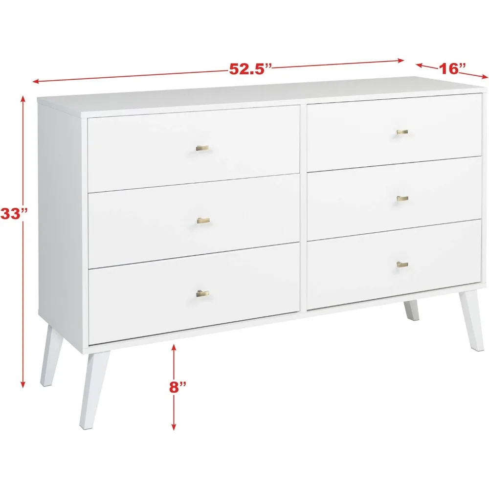 Dresser Milo Mid-Century Modern 6 Drawer Double For Bedroom,  Freestanding Lacquered Particle ,Modern Dressers