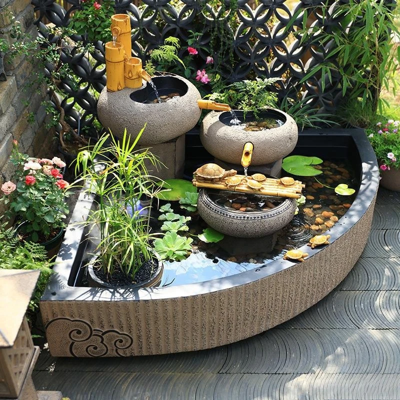 Landscaping courtyard garden decorative landscape rockery flowing water fountain water feature outdoor layout fish pond fish tan
