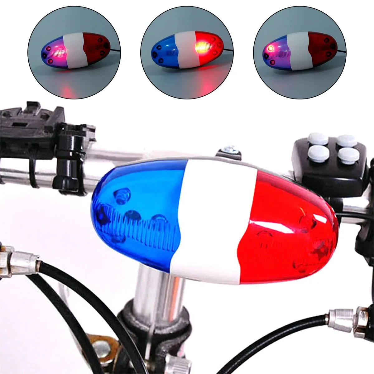 Bicycle Police Siren 4 Sounds Melody Bicycle Horn Warning Siren Bell 6-LED Strobe Red & Blue Bike Police Light for Kids Scooter