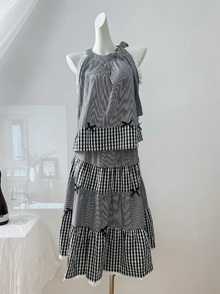 Summer Women Vacation Korean Mori Girl Birthday 2000s Plaid Patchwork Outfits 2 Piece Set Sleeveless Lace Tank Top + Midi Skirt