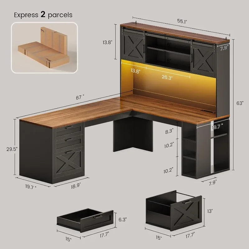SEDETA Farmhouse Shaped Desk with Hutch Home Office Desks with Drawers & Sliding Doors Corner Computer Desk with Storage Shelves