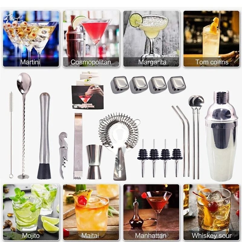 Bartender Kit 23-Piece Cocktail Shaker Set Of Stainless Steel Ice Grain Acrylic Stand For Mixed Drinks Martini Bar Tools