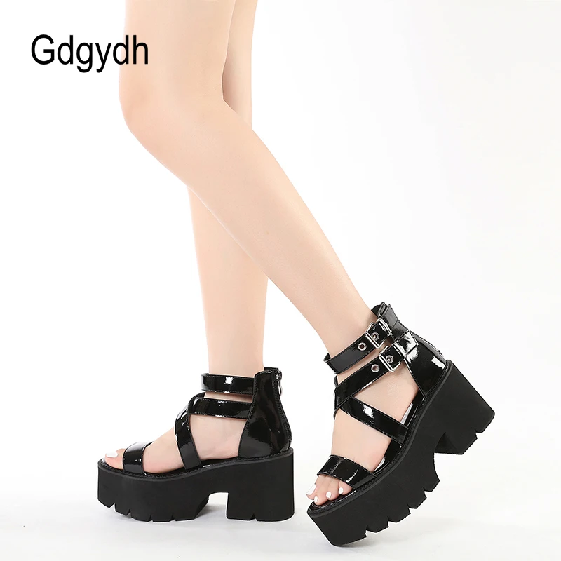 Gdgydh Ankle Strap Sandals for Women Platform Chunky Heels Patent Leather Thick Wedges Summer Shoes Open Toe Zipper Big Size 43