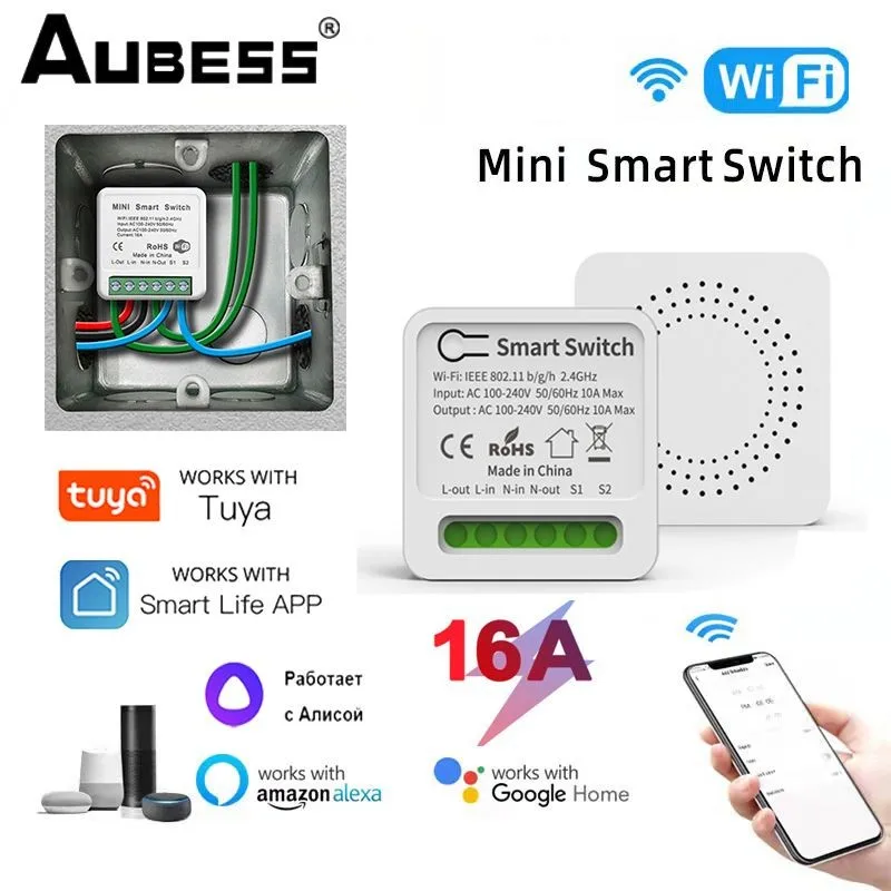 Aubess Tuya WiFi Smart Light Switch Universal Breaker Timer Smart Life APP Wireless Remote Control Works With Alexa Google Home