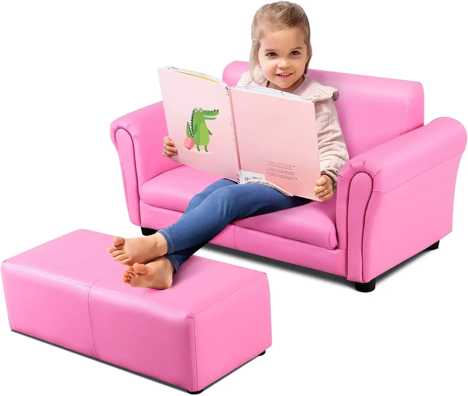 Canapé pour enfants avec repose-pieds, canapé pour enfants avec accoudoir à 2 places, chaise de canapé avec construction en bois et dossier