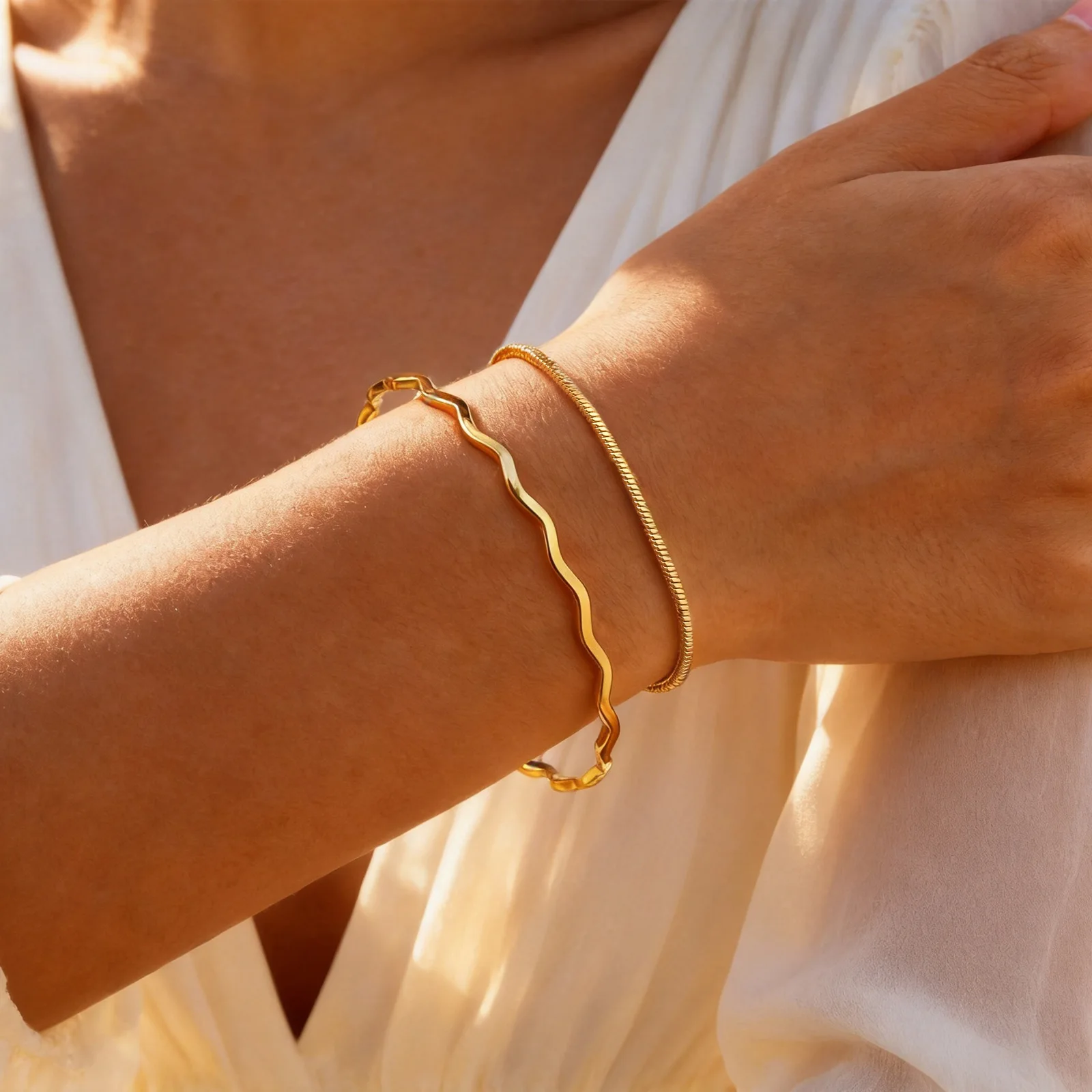 Wave Bracelet for Women, Waterproof 18K Gold Plated Stainless Steel, Minimalist Stackable Coastal Jewelry