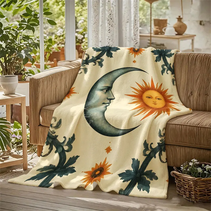Sun Moon Vintage Tapestry Flannel Blanket Perfect for Sofa Office Bed Travel Sleep Read Relax Camping Four Season Use