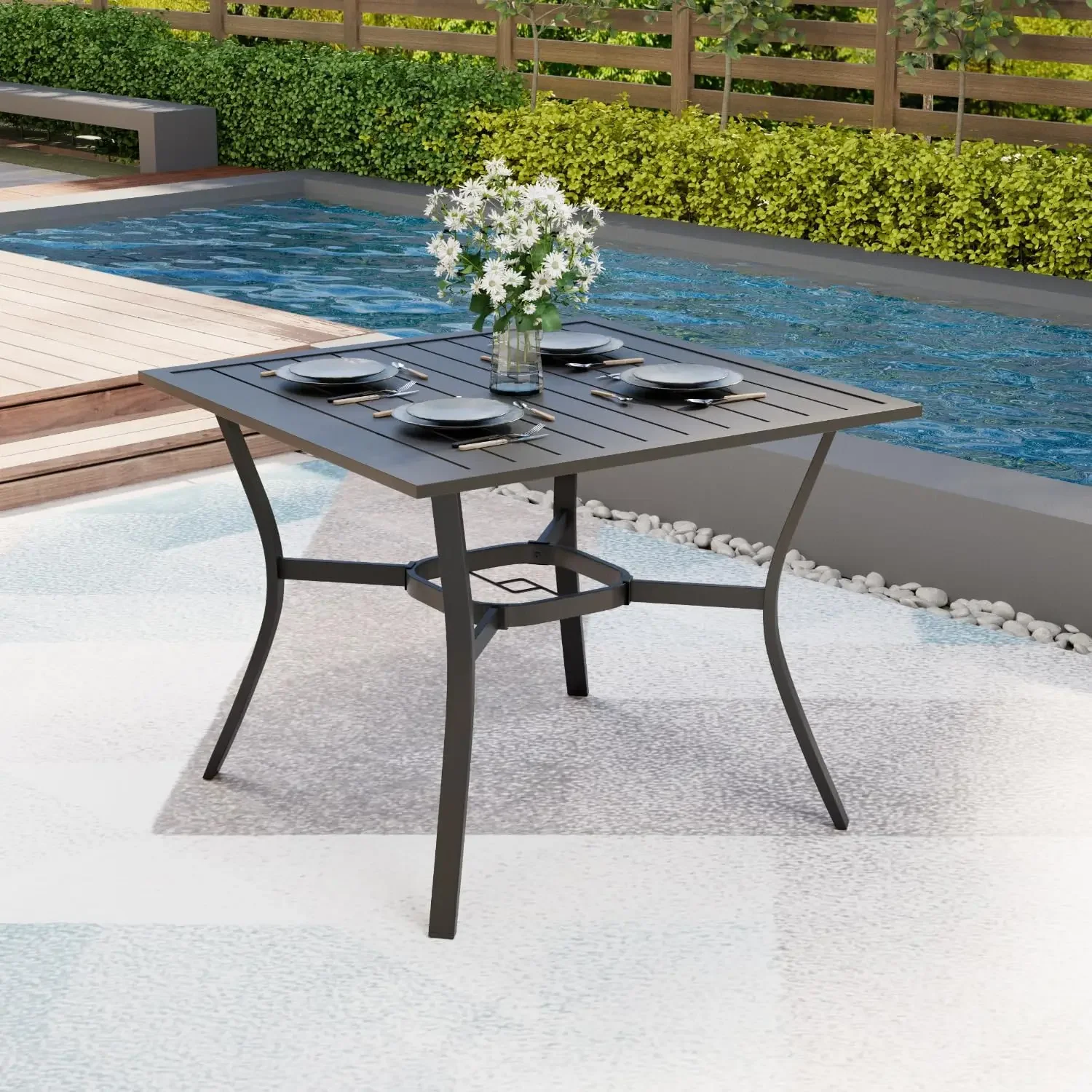 [سعر مخفض! ] طاولة طعام خارجية مقاس 37 بوصة × 37 بوصة لـ 4 أشخاص، طاولة طعام معدنية مطلية بالطلاء الإلكتروني مع فتحة مظلة مقاس 1.57 بوصة، مناسبة لجميع الأحوال الجوية