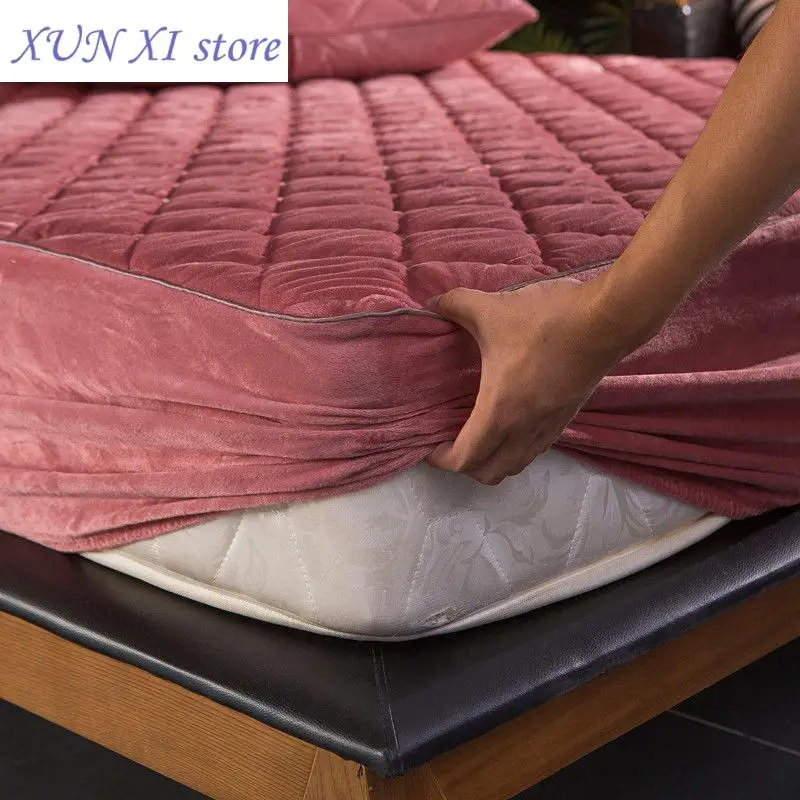 

New Crystal Velvet Thicken Quilted Mattress Cover Warm Soft Plush Queen King Quilted Bed Fitted Sheet Not Including Pillowcase