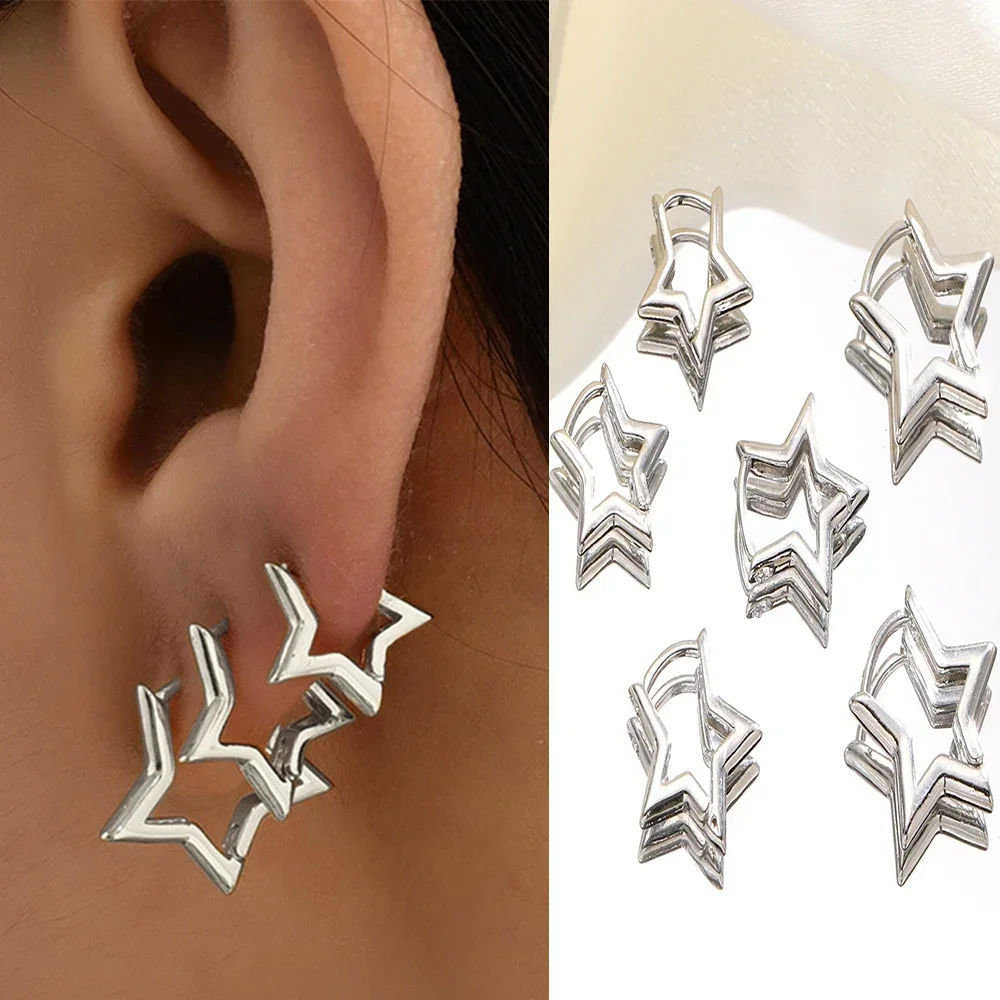 6pcs/Set Vintage Glossy Chic Silver Color Star Hoop Earrings for Women Retro Pentagram Huggie Hoops Daily Wear Jewelry