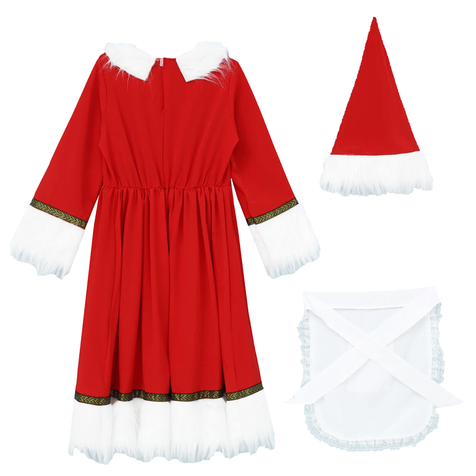 أزياء تنكرية للفتيات لعيد الميلاد سانتا كلوز فستان مكشكش بأكمام طويلة مع قبعة وبدلة مريلة لحفلات موضوع المهرجانات