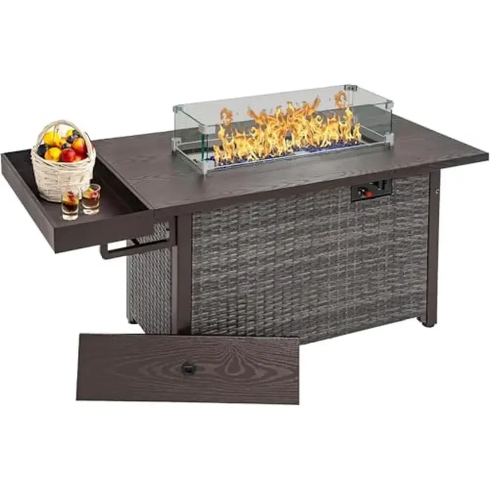 Outdoor Gas Fire Pit Table 52 Inch 50000 BTU Propane Fire Pit with Storage Shelf Glass Wind Guard Lid Wicker Patio Fire Pit Kit