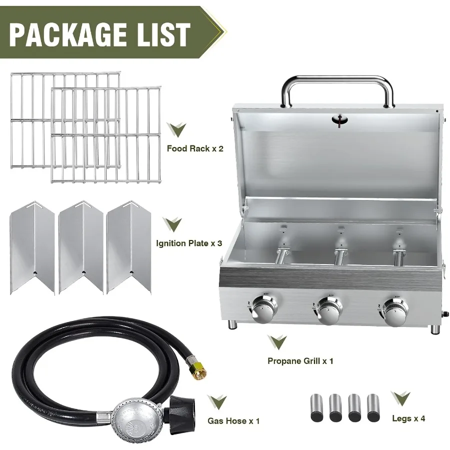 Tabletop Gas Grill, 30, 000 BTU Portable Propane Grill with Heavy-Duty Thickened Grates and Knobs, Compact DesignandDetachable