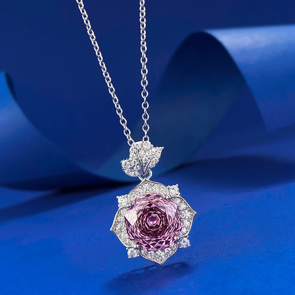 Wong Rain 100% 925 Sterling Silver 10 MM Flower Cut Lab Sapphire High Carbon Diamond Gemstone Pendant Necklace Jewelry Wholesale