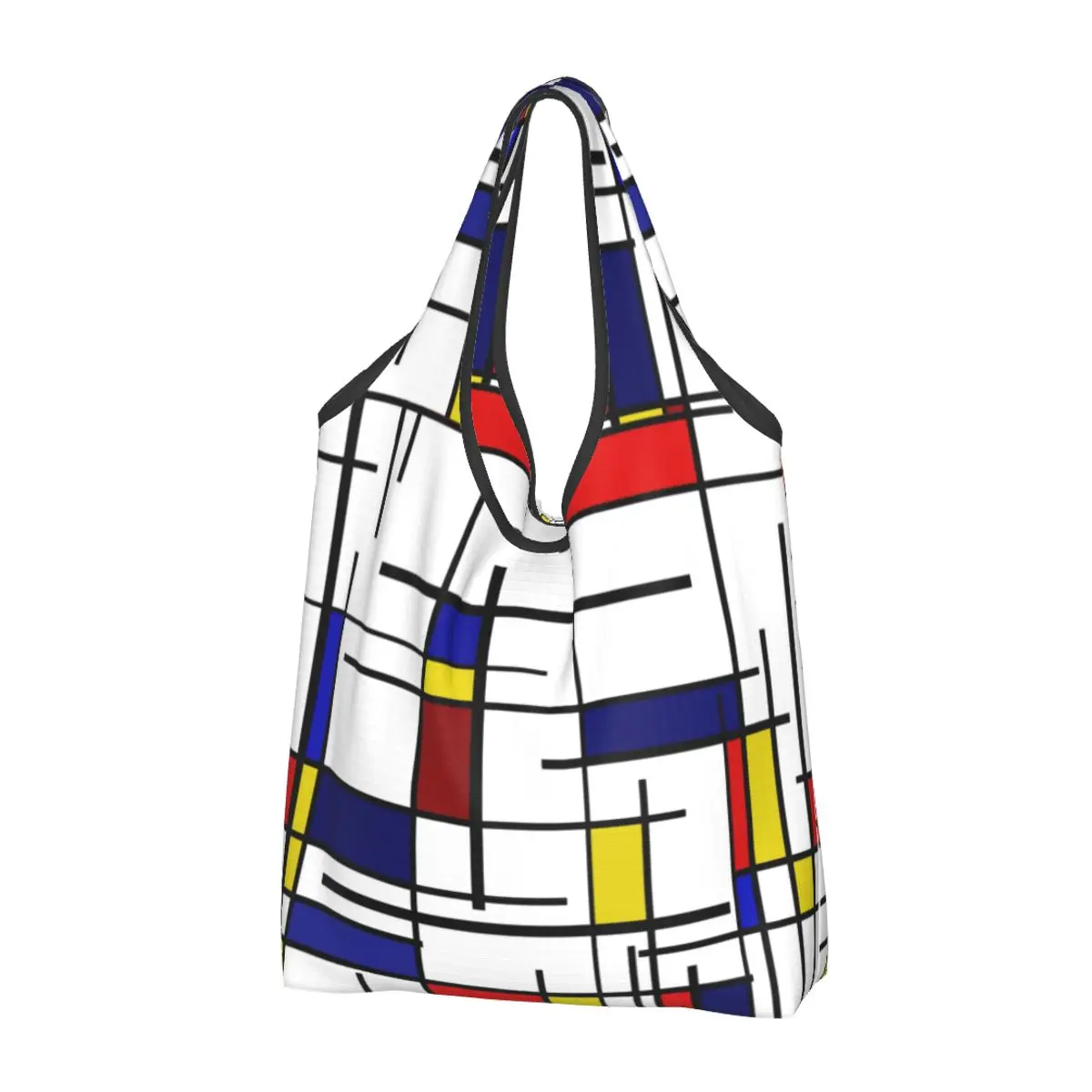 

Custom Mondrian Minimalist Art Shopping Bags Women Portable Big Capacity Groceries Color Art Shopper Tote Bags