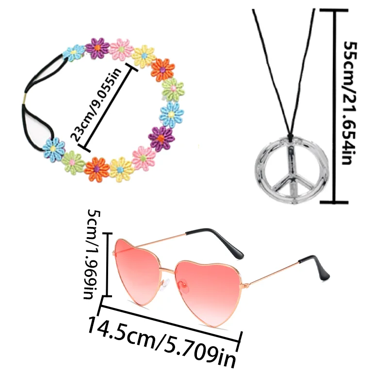 PESENAR Hippie Costume Set 60's Style Circle Glasses Peace Sign Necklace Daisy Sunflower Headbands