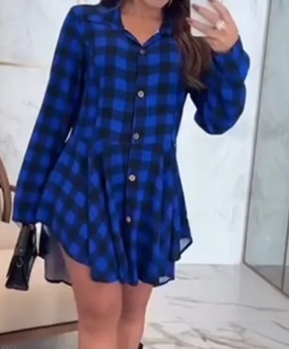 

Fashion Summer Dresses Plaid Print Asymmetrical Hem A Line Shirt Dress Temperament Commuting Elegant Dresses for Women