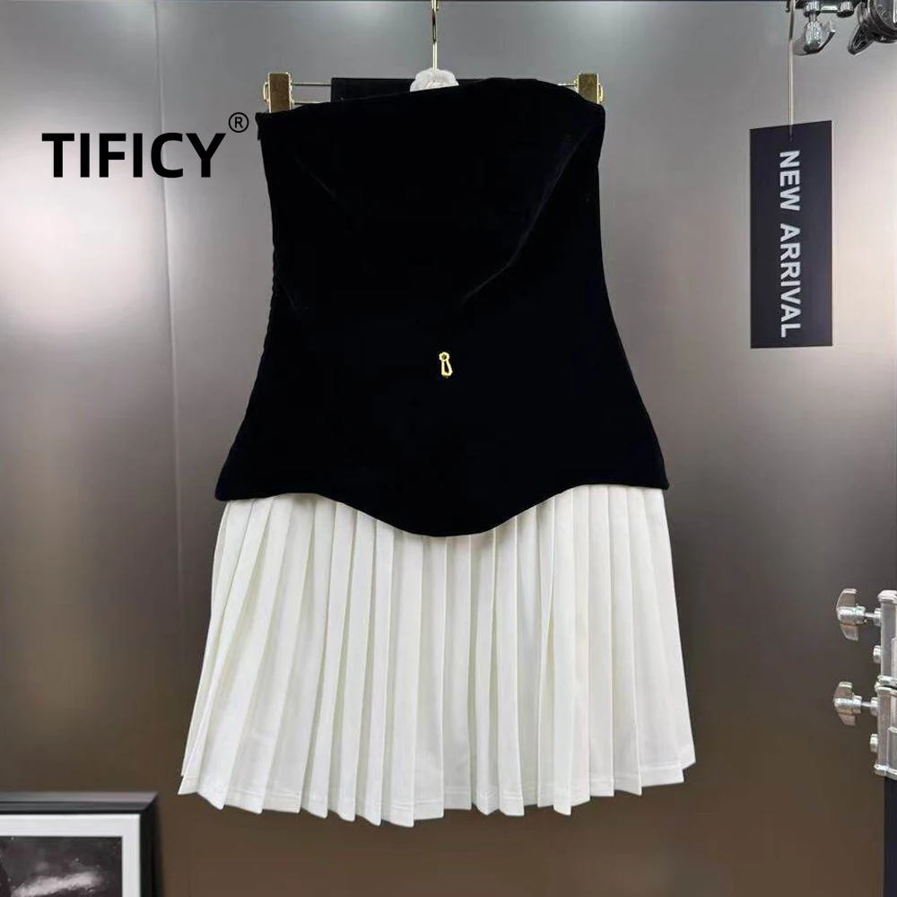 High Street Dresses Women's Spring French Retro Chest Cushion Collection Waist Velvet Splicing Versatile Dress