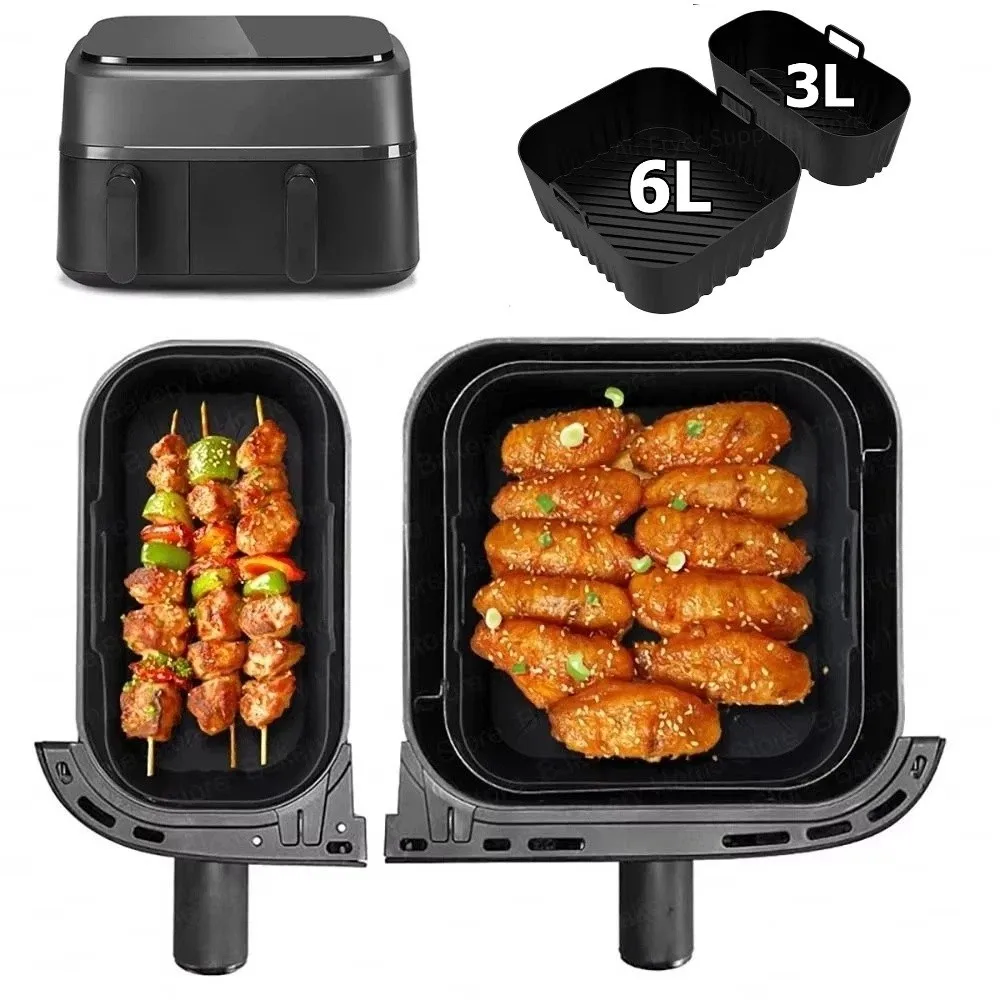 6L/3L Air Fryer Liner Non-Stick Reusable Dual Basket Baking Tray Dual Basket Use Silicone Mold Air Fryer Basket Baking Liners