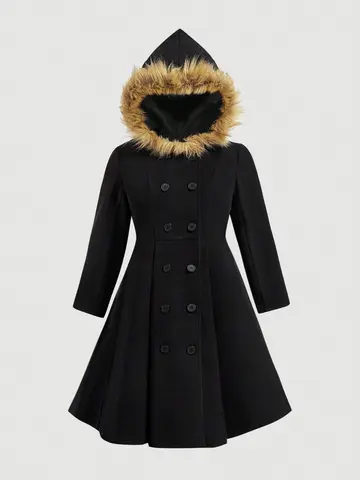 Plus Size 2025 Winter New Women's Tweed Trench Coat Pure Colour Hooded Imitation Fur Splicing Pure Colour Elegant Warmth