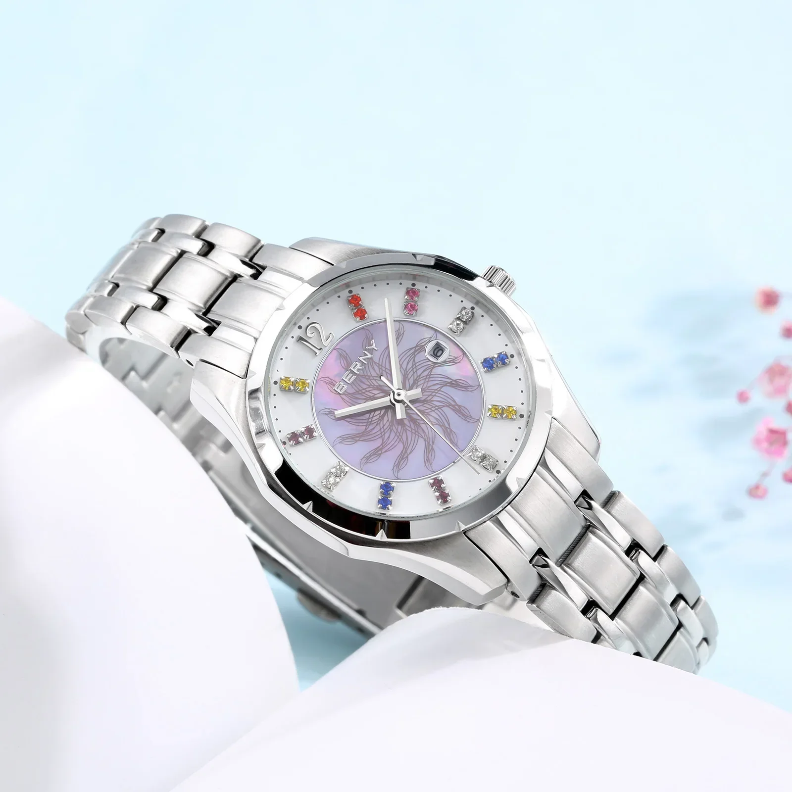 BERNY Watch for Women Fashion Casual Quartz Women\'s Wristwatch Sapphire Glass Colorful Dial Full Stainless Steel Ladies Watches