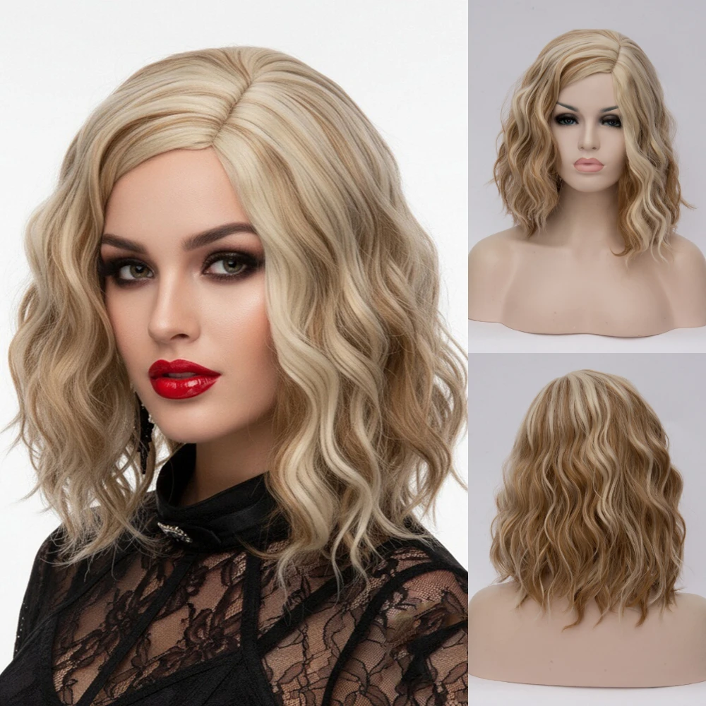 

Термостойкий синтетический короткий волнистый парик Боб, блондинка, женская часть сбоку, стиль для проставки, тематические виды косплея на Хэллоуин