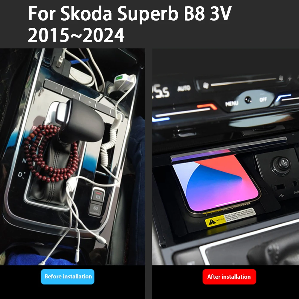 Car Wireless Mobile Phone Charger Center Console Storage QI 18W iPhone fast charge for Skoda Superb B8 3V 2015–2024