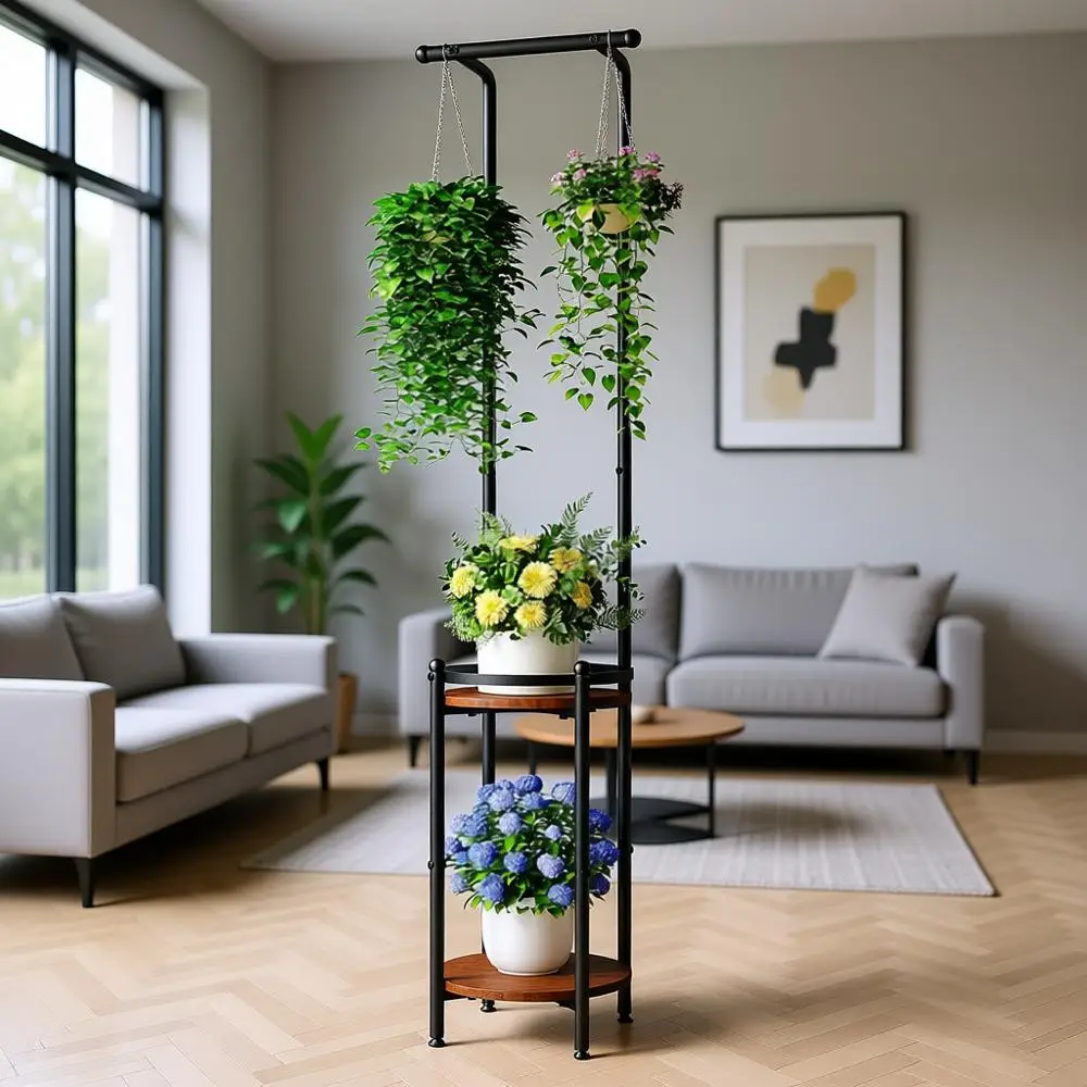 Durable Metal 2-Tier Hanging Plant Stand - Indoor/Outdoor Space-Saving Rack for Living Room, Garden, Balcony (Rustic Brown & Bla
