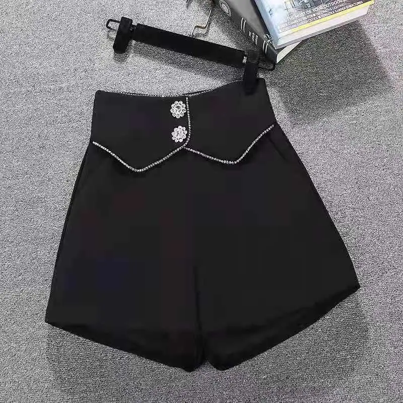 

Female Clothing Commute Solid Color Pants Summer Zipper Chic Diamonds Three-dimensional Decoration All-match High Waist Shorts