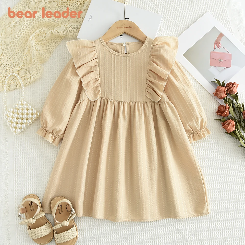 3-7-year-old Autumn Girl's Fashionable Round Neck Long Sleeved Pleated Edge Solid Color Dress Children's Daily Casual Wear