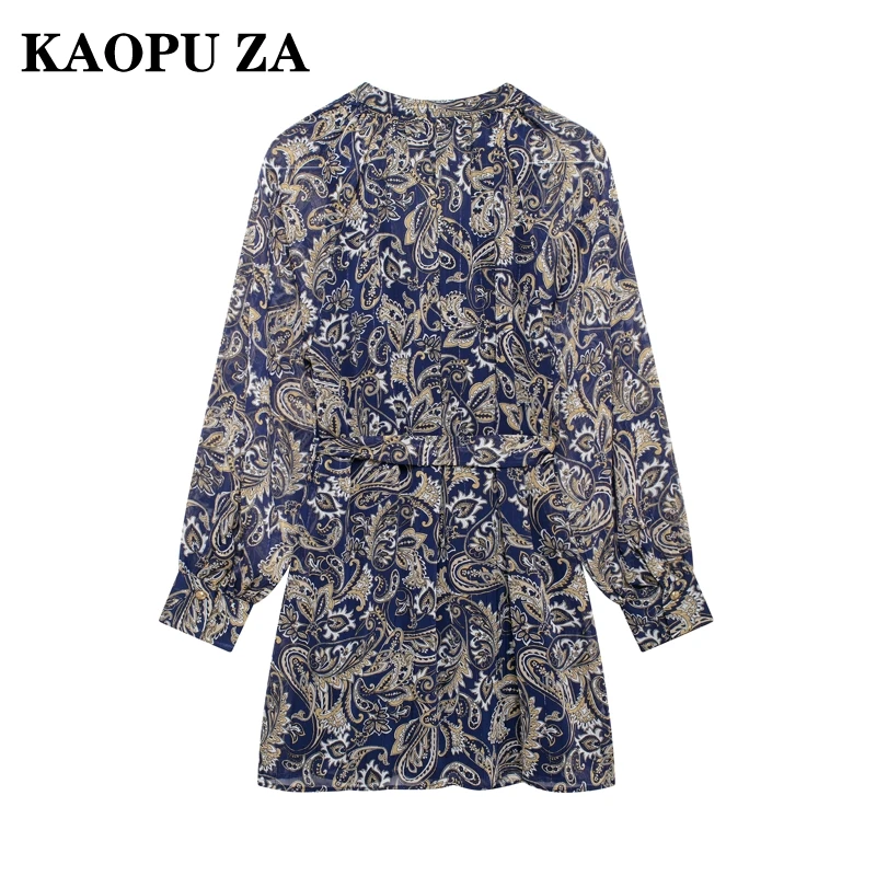 KAOPU ZA Woman\'s 2024 New Autumn Vintage V-Collar Ruffles Print Dress Female Casual belt Long Sleeve Dresses Blouses Top