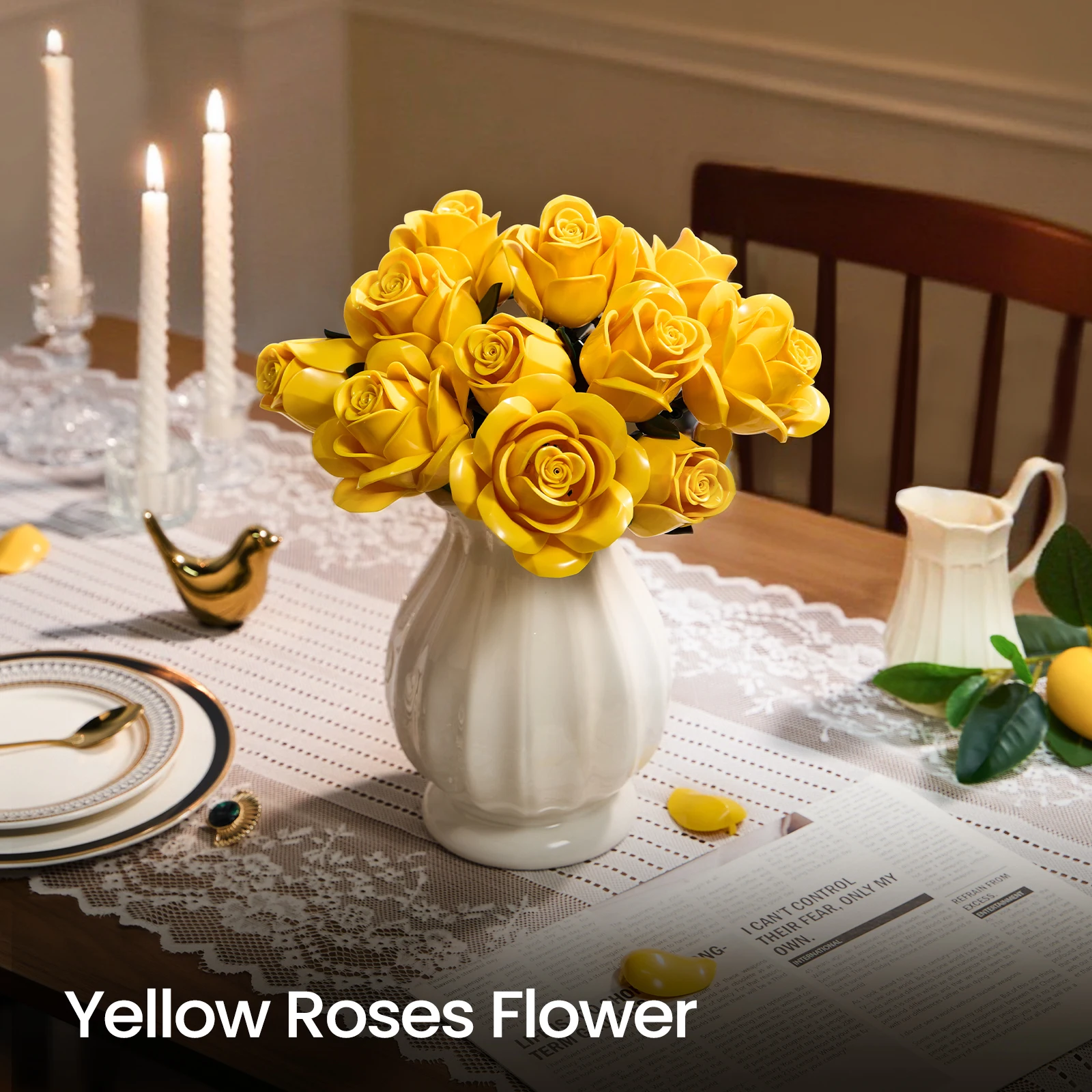 Yellow Flower Bouquet Building Set Block Roses Artificial Flowers Brick Kit Botanical Collection Home Decor Christmas Adult Gift view 2