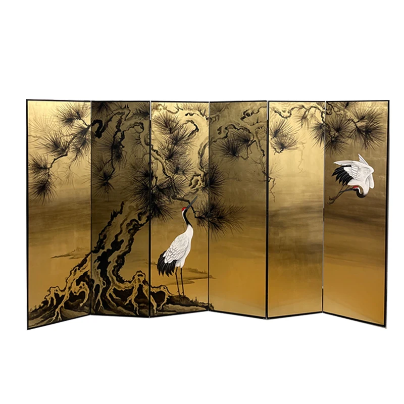 

Hand painted Japanese gold foil ancient pine crane medieval screen lacquer painting living room folding screen partition