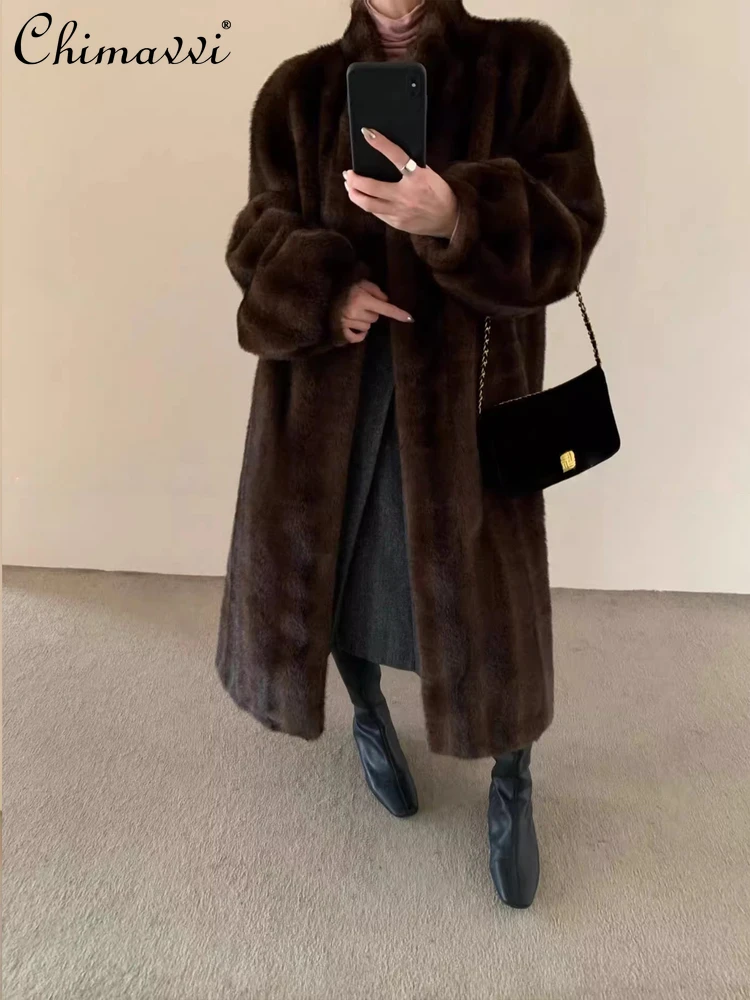 خريف شتاء جديد الراقية أنيقة ضئيلة طويلة الوقوف طوق معطف فرو المنك موضة كم طويل دافئ سميكة الفراء سترة علوية