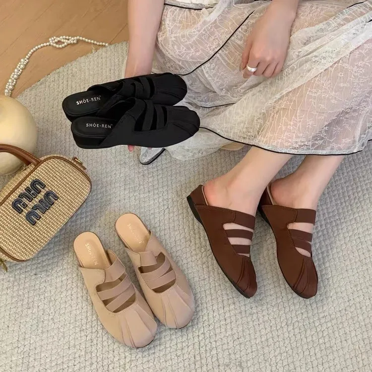 Women Pleated Three Strap Mule Slippers Square Toe Hidden Low Heel Soft Leather Slip On Casual Daily Walking Shoes For Ladies