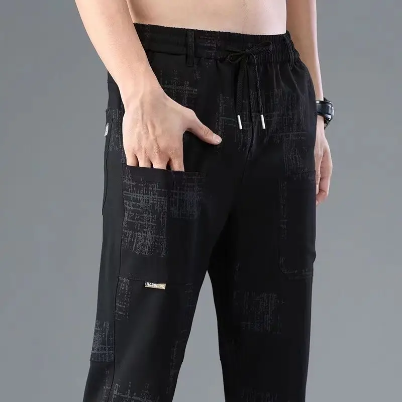 Summer Breathable Fashion Print Ice Silk Loose Cropped Pants Men's Elastic Waist Drawstring Pocket Loose Thin Straight Trousers