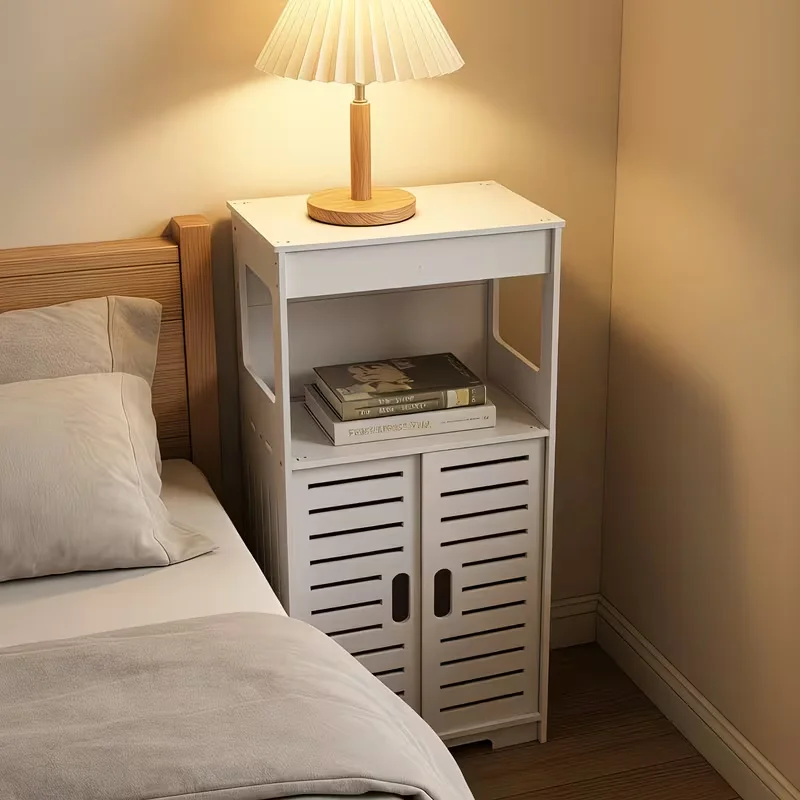 White Bathroom Storage Cabinet, Freestanding Narrow Side Cabinet with Shutter Doors & Open Shelf, Waterproof Nightstand Organize