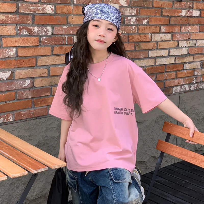 

Girls Short-Sleeved T-Shirt Summer Thin Children's Casual Cotton Tops Korean Middle and Large Children T-Shirt Summer Clothing