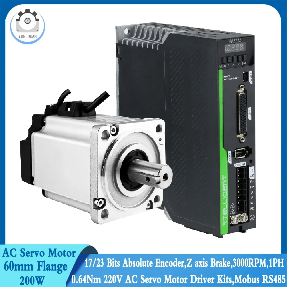 

17Bit/23Bits Absolute Encoder Servo Motor 200W 60mm 3000RPM 0.64Nm 1PH Modbus RS485 220v Single-Phase AC Motor Servo Driver Kits