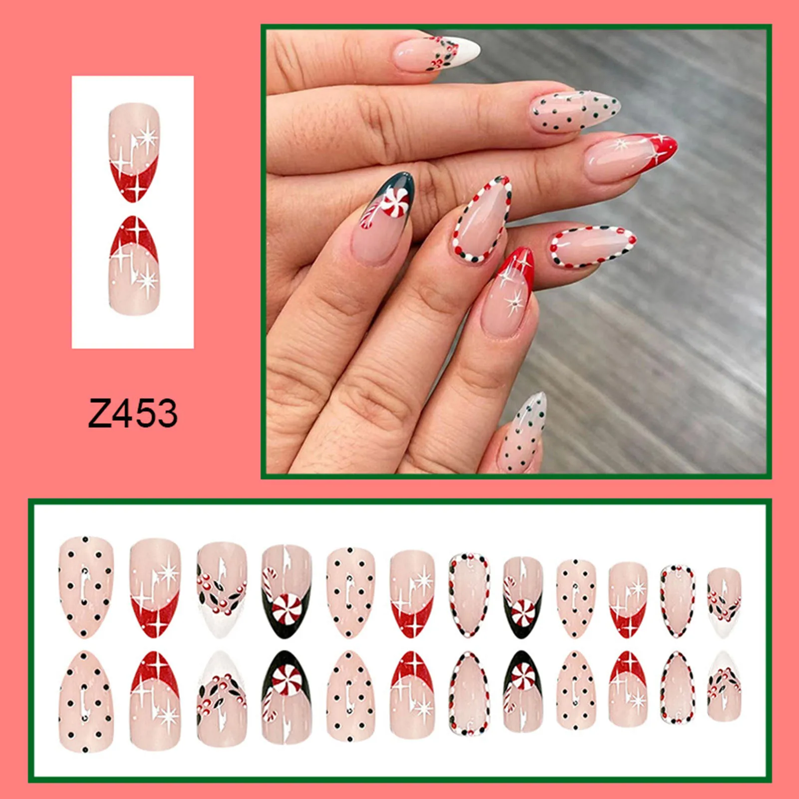 Glossy French Press-on Nail Christmas Sweet Cool Long Lasting Artificial Nail for Hand Decoration Nail Art