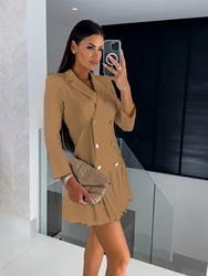 Women's Lapel Neck Double Breasted Pleated Hem Thigh Length Elegant Blazer Dress Camel