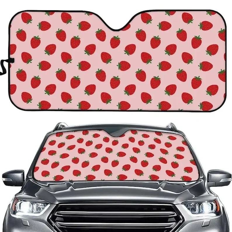 Pink Strawberry Spring Sunshade for Windshield | Kawaii Car Accessories | Matching Car Accessories Seat Cover License