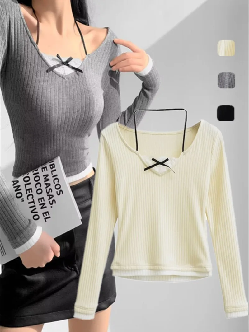 Cseta de Malha Fena de Manga Longa com Estilo de Balé, Detalhes em Renda e Laço Borboleta, Efeito de Duas Peças